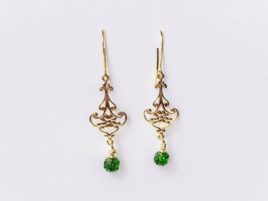 Emerald Czech Glass  and Gold Chanelier Earrings