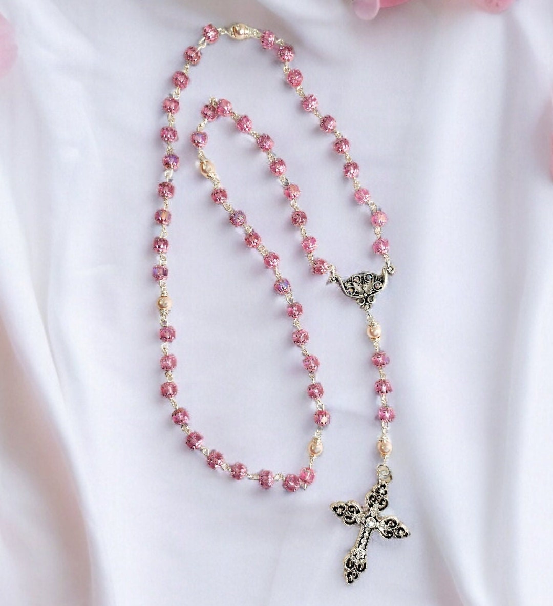 Handmade Cathedral Czech glass beads in pink color and glass pink pearls, silver rosary
