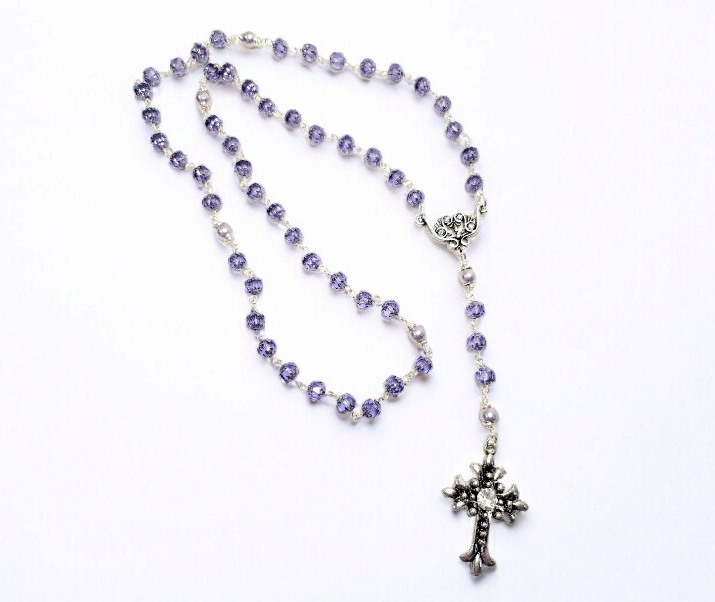 Handmade Cathedral Czech glass beads in purp;e color and glass purple pearls, silver rosary