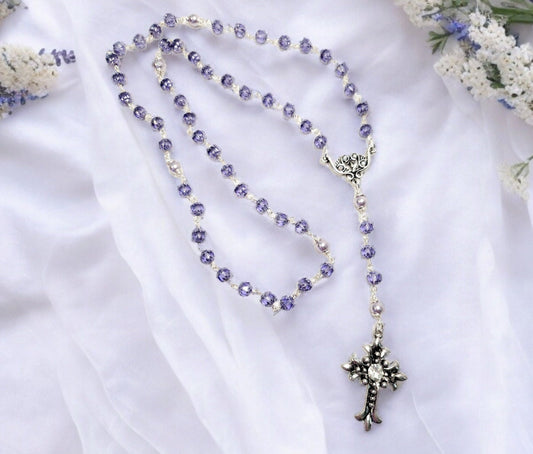 Handmade Cathedral Czech glass beads in purp;e color and glass purple pearls, silver rosary