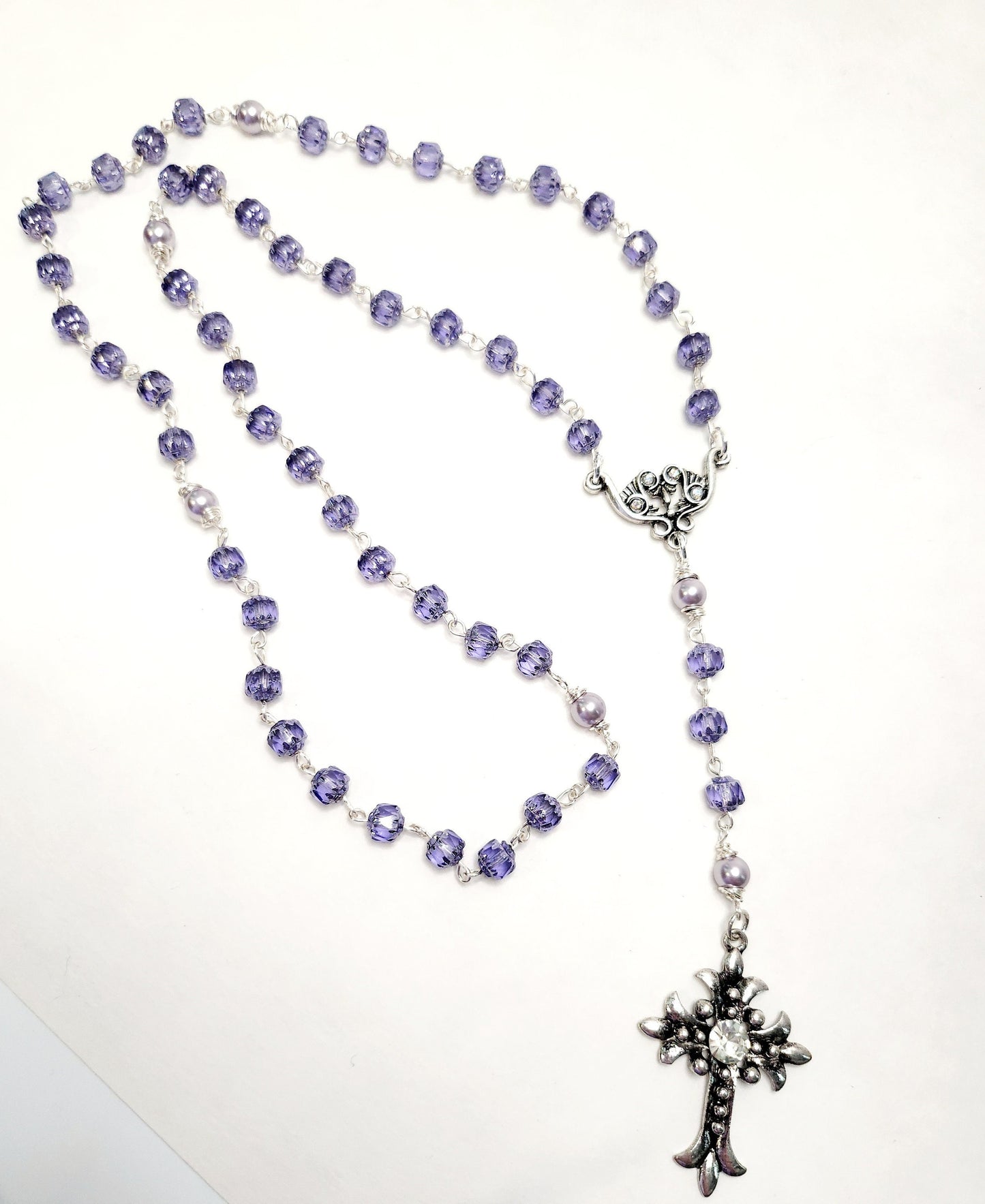 Handmade Cathedral Czech glass beads in purp;e color and glass purple pearls, silver rosary