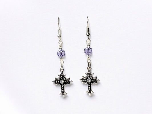 Antiqued silver cross and rhinestone earrings with purple Czech cathedral beading