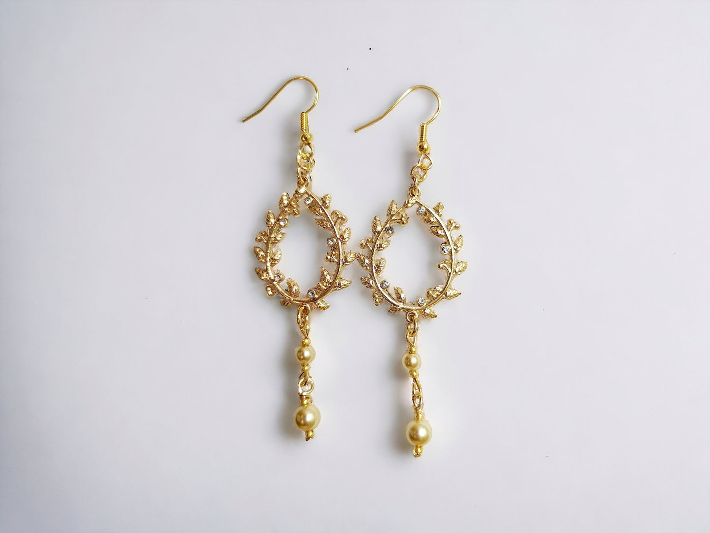 Golden Wreath, Rhinestone and Pearl Earrings