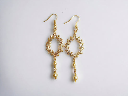 Golden Wreath, Rhinestone and Pearl Earrings