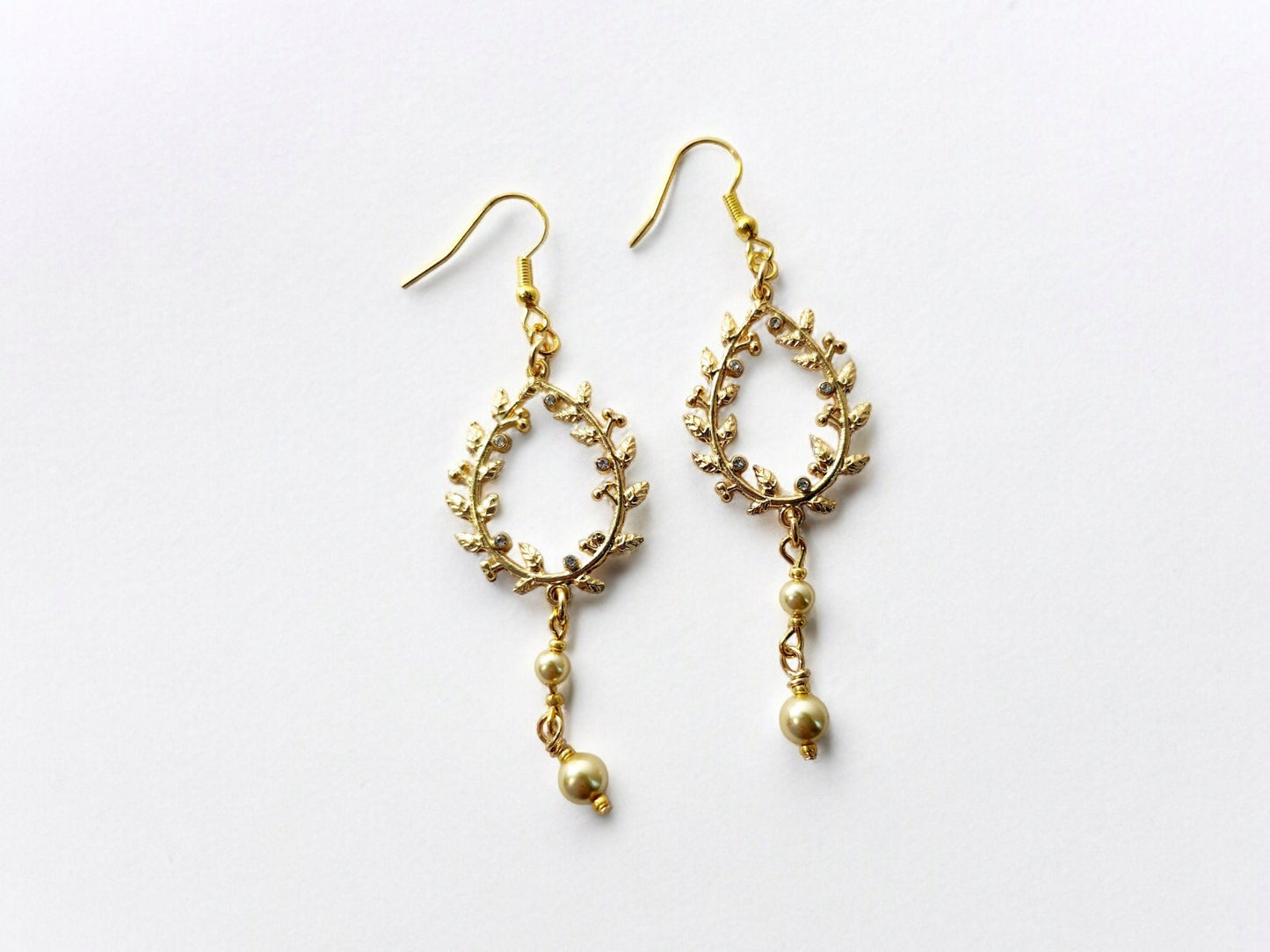 Golden Wreath, Rhinestone and Pearl Earrings