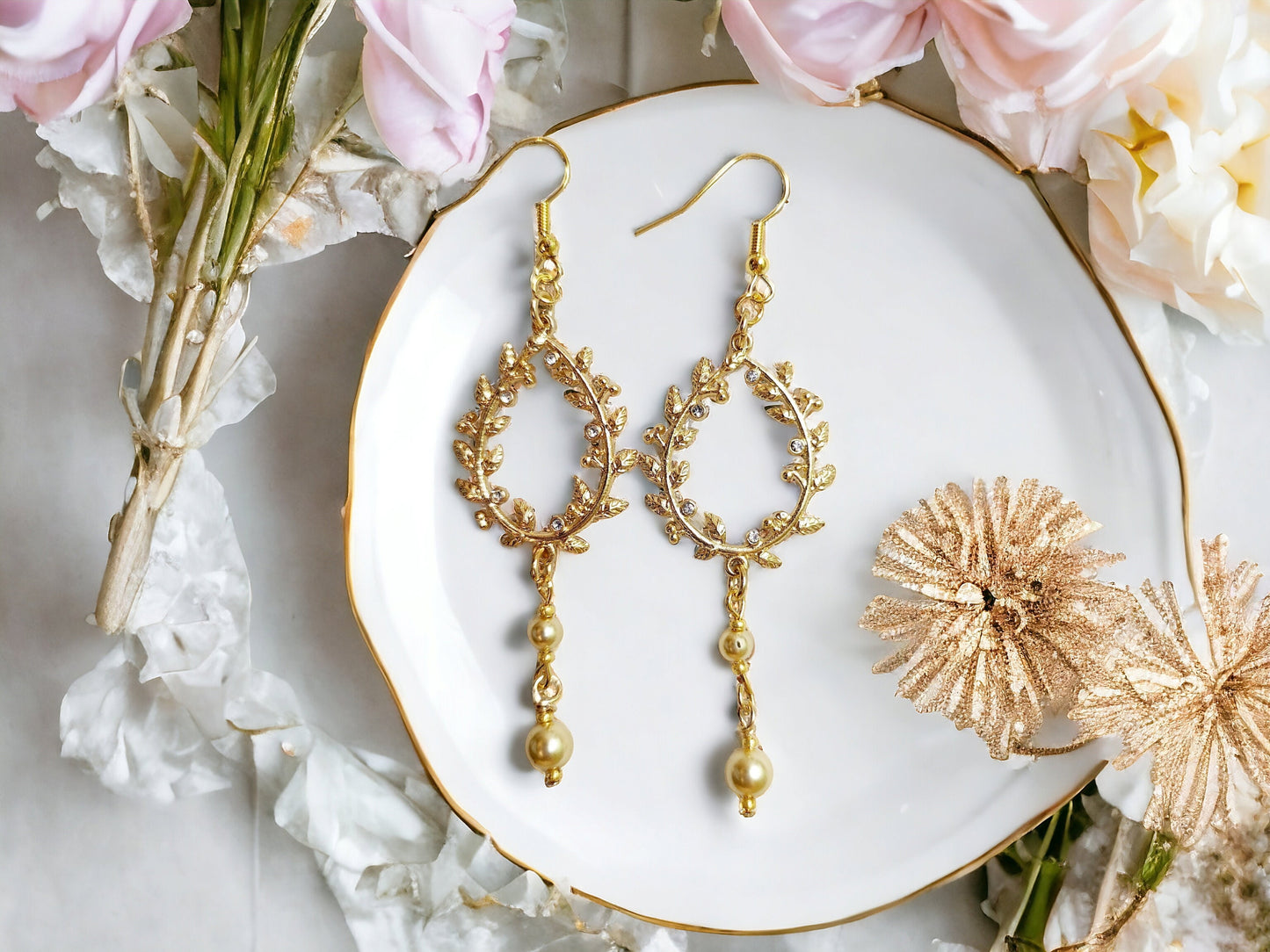Golden Wreath, Rhinestone and Pearl Earrings