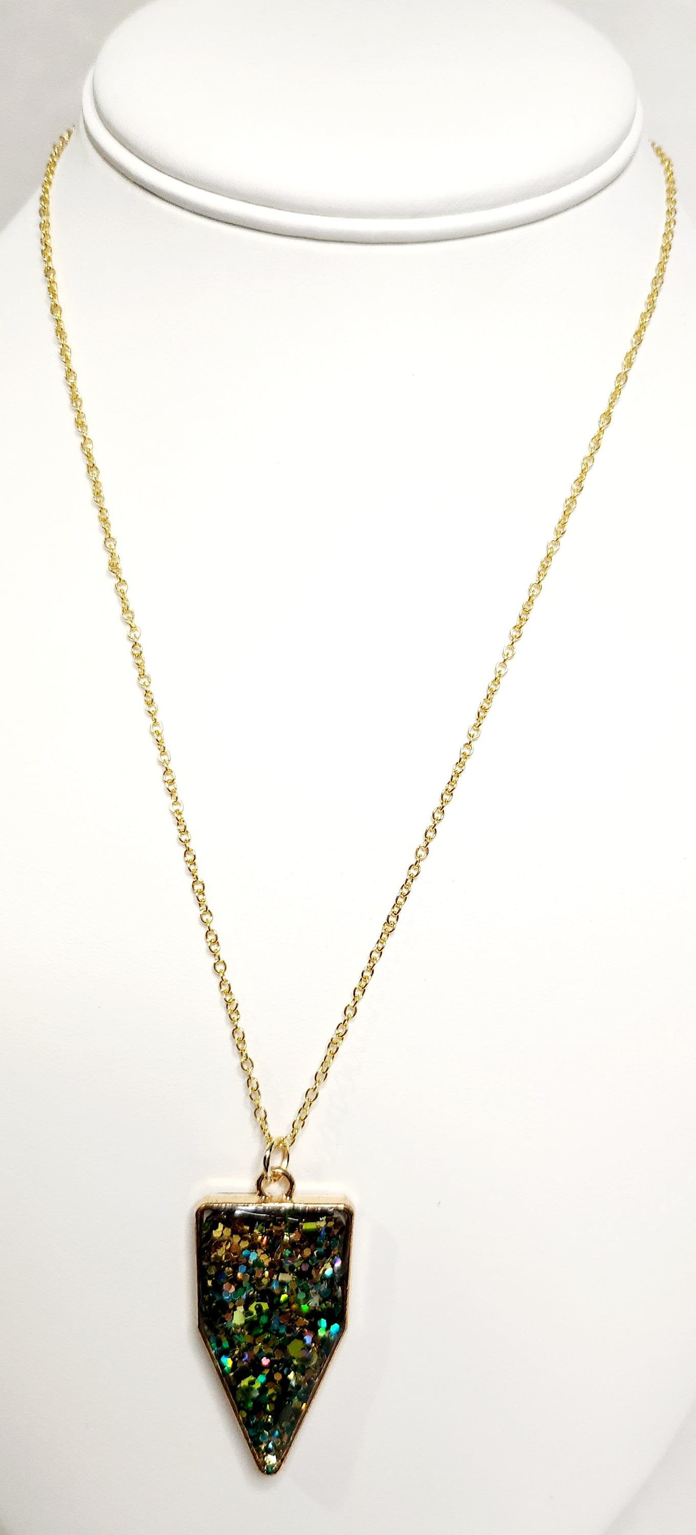 Green and gold glitter resin pendant in gold triangle bezel, 18kt gold plated necklace