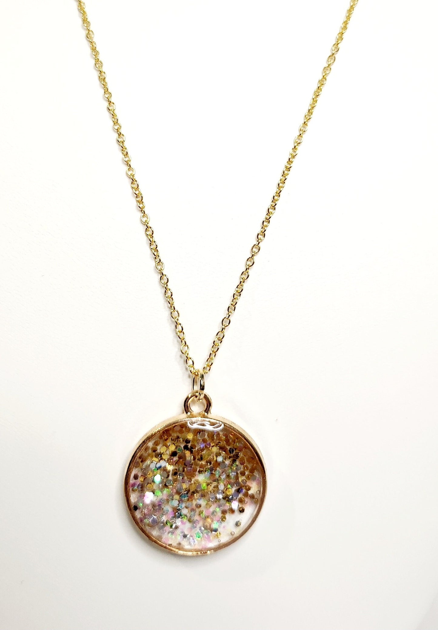 Gold glitter resin pendant in gold circle bezel, 18kt gold plated necklace