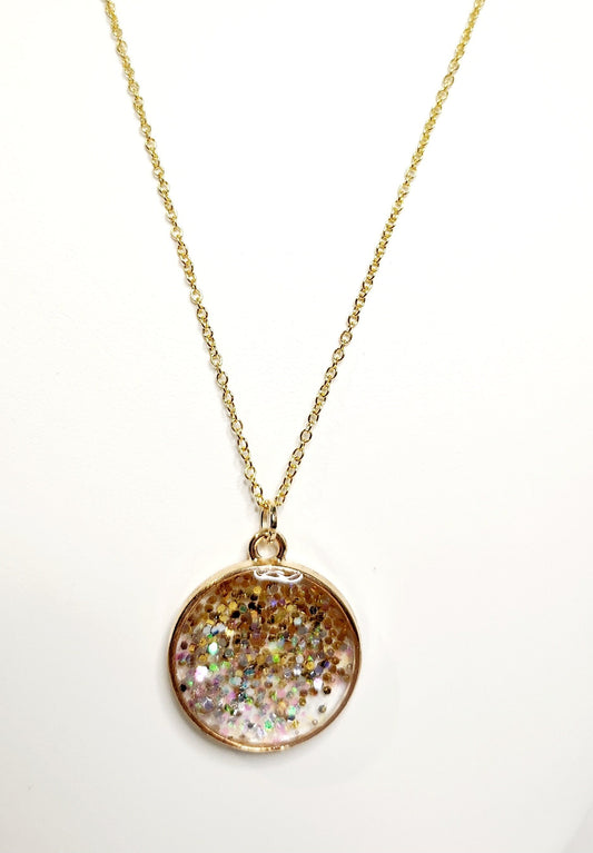 Gold glitter resin pendant in gold circle bezel, 18kt gold plated necklace