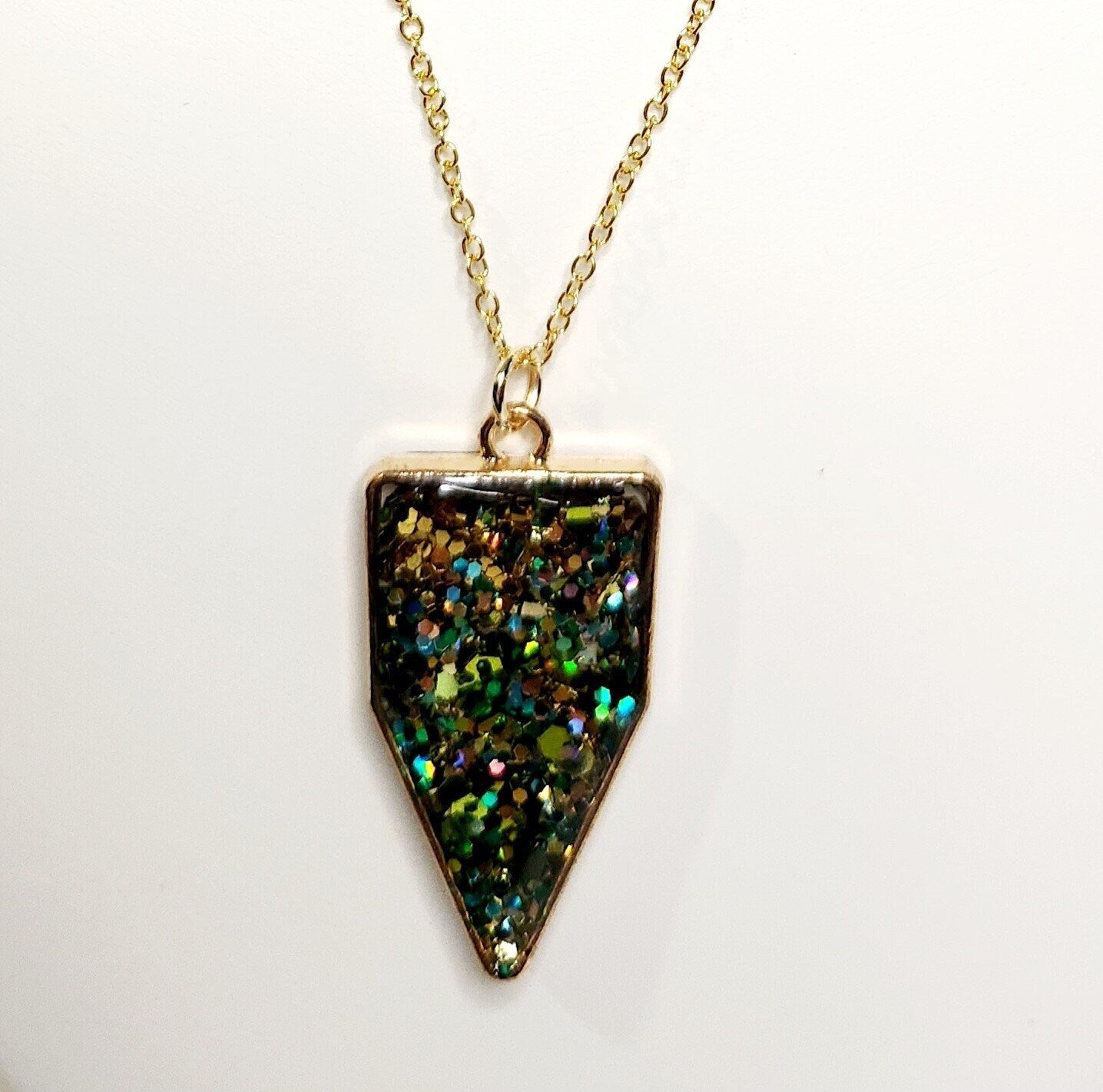 Green and gold glitter resin pendant in gold triangle bezel, 18kt gold plated necklace