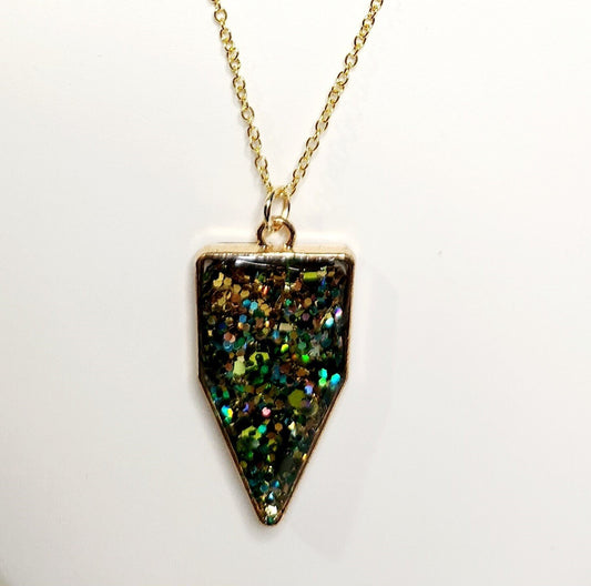 Green and gold glitter resin pendant in gold triangle bezel, 18kt gold plated necklace