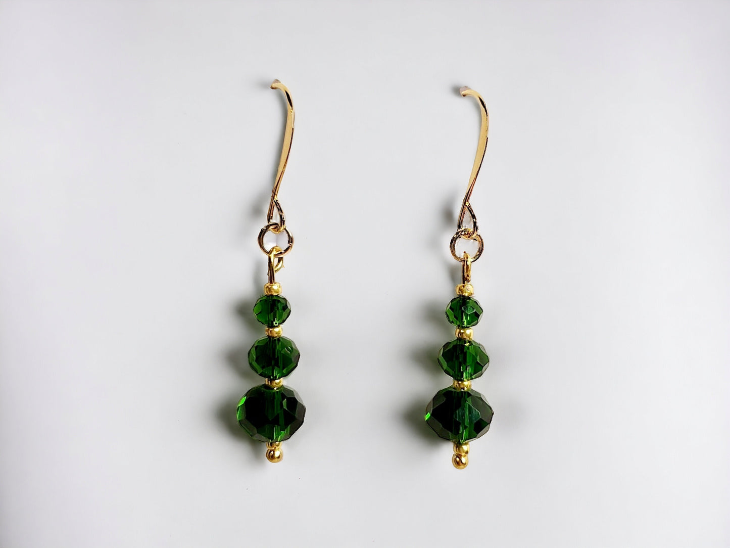 Emerald Glass Bead and gold beaded Drop Earrings