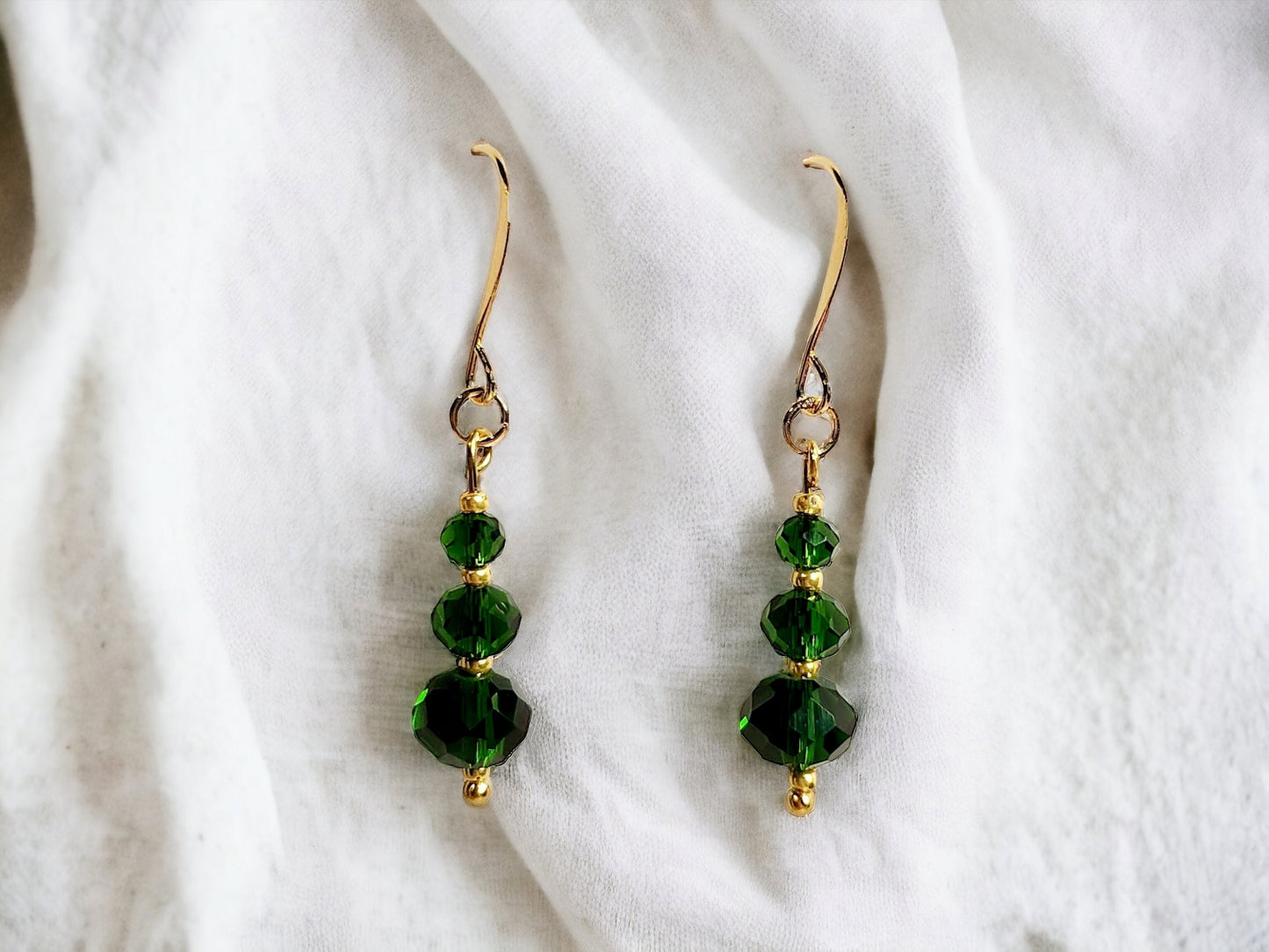 Emerald Glass Bead and gold beaded Drop Earrings