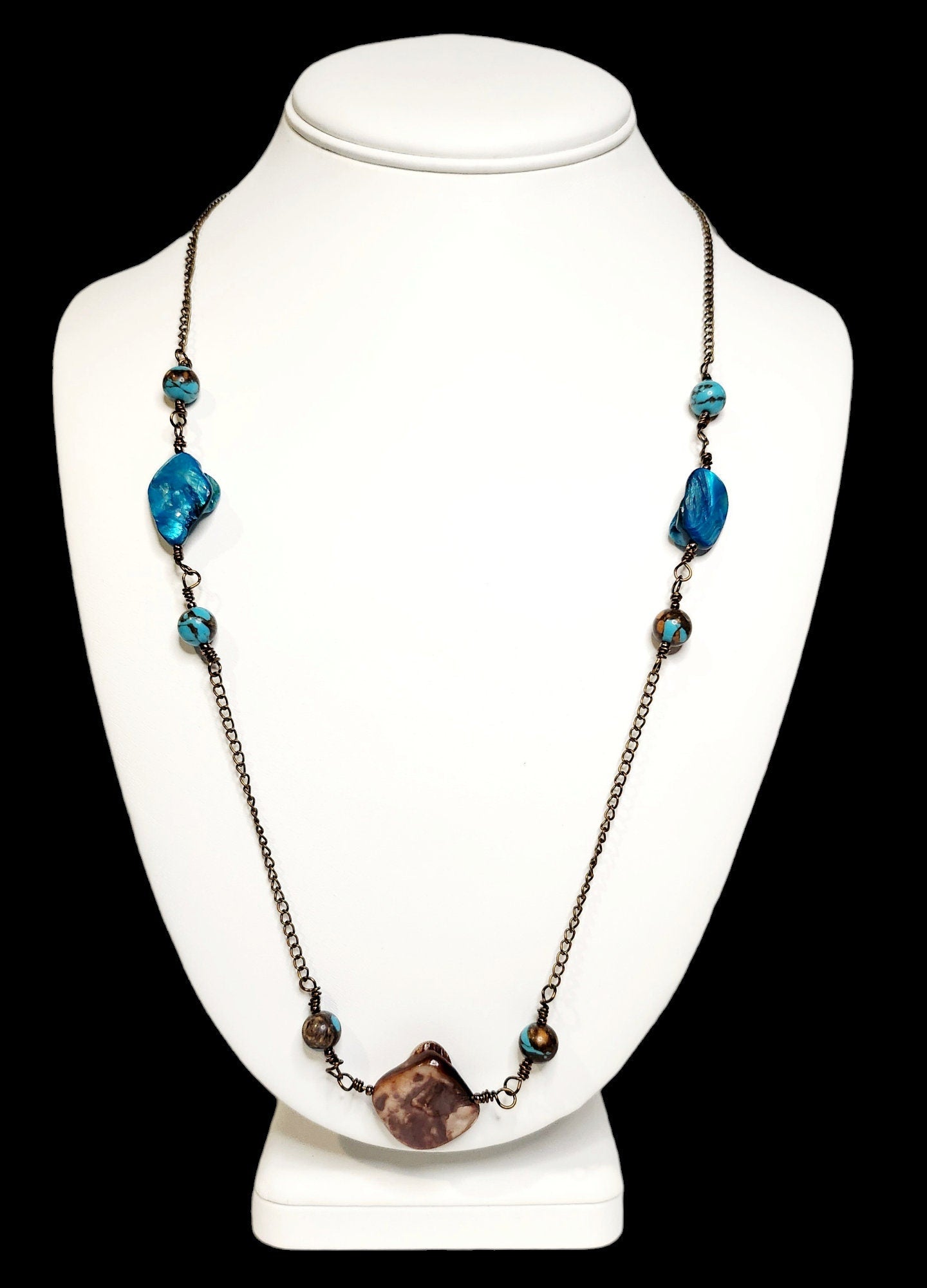 Turquoise and Shell beaded Necklace on antique bronze setting 24inch length
