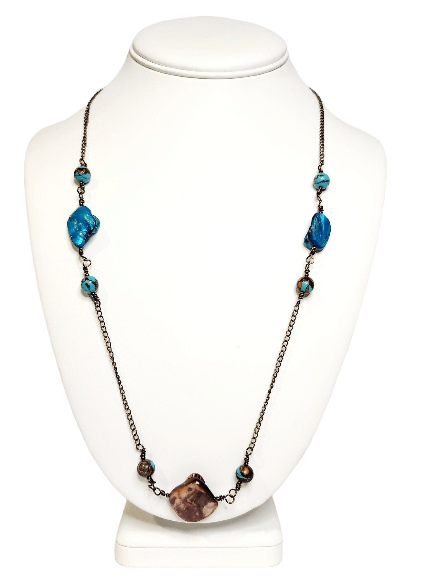 Turquoise and Shell beaded Necklace on antique bronze setting 24inch length