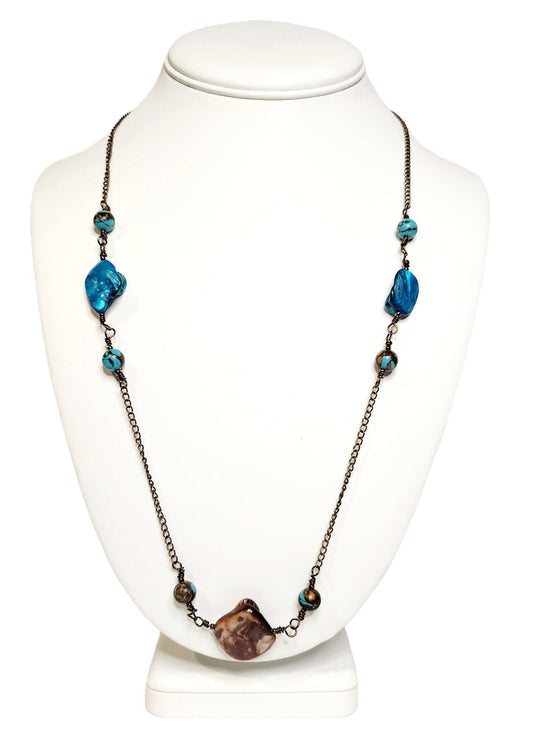 Turquoise and Shell beaded Necklace on antique bronze setting 24inch length
