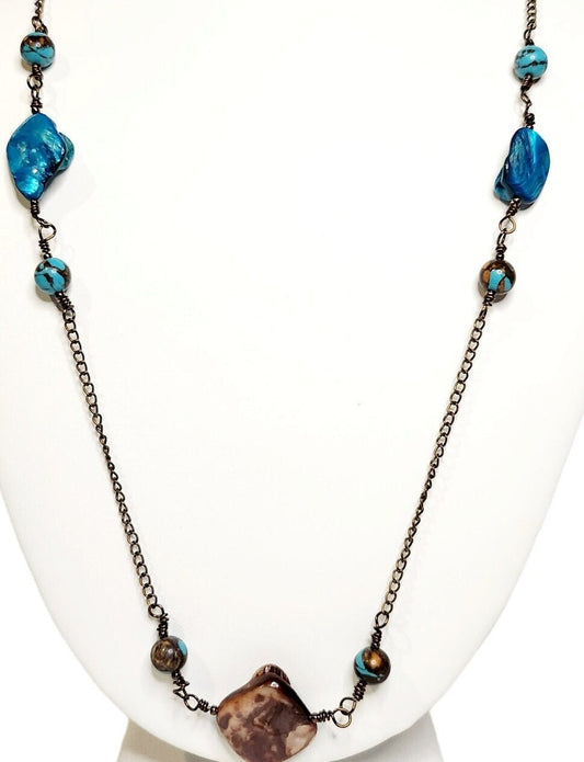 Turquoise and Shell beaded Necklace on antique bronze setting 24inch length