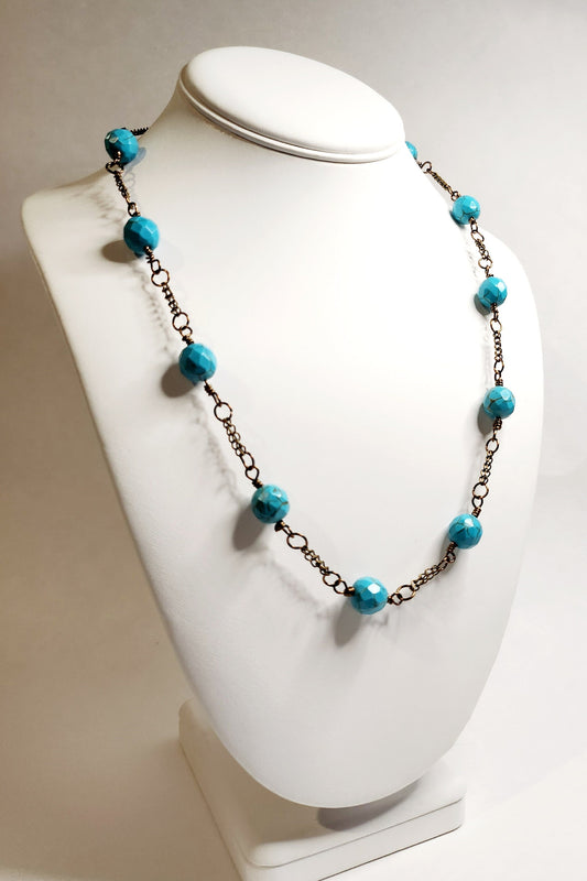 Turquoise Howlite Round Faceted Beaded Necklace on antique bronze setting 20inch length