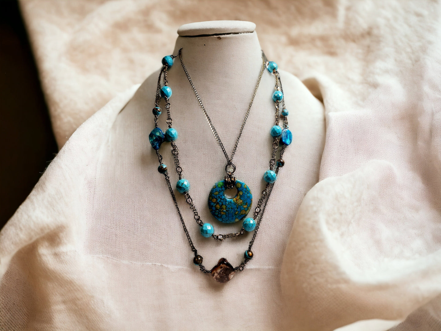 Earrings, Blue Shell and turquoise siderolite, bronze dangle