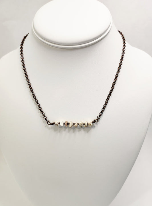 Natural Howlite beaded bar necklace on antique bronze chain 16 to 18 inches in length