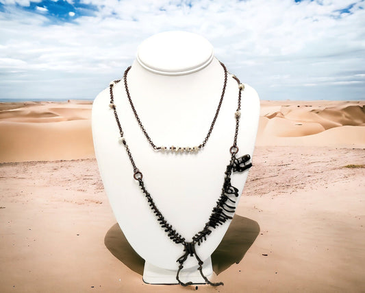 Bronze dinosaur necklace focal on howlite beaded antique bronze chain 24 inch length