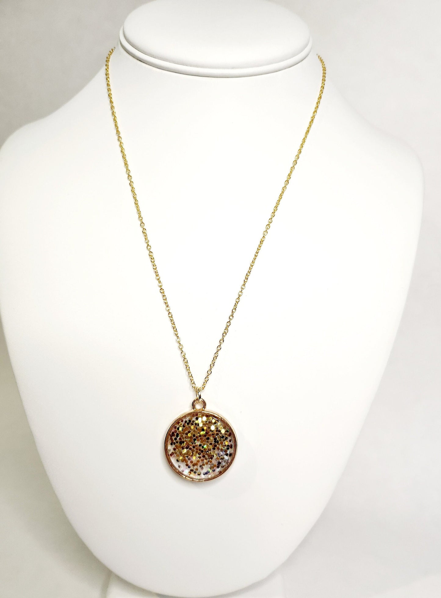 Gold glitter resin pendant in gold circle bezel, 18kt gold plated necklace