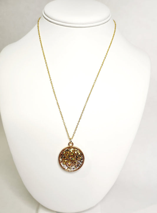 Gold glitter resin pendant in gold circle bezel, 18kt gold plated necklace