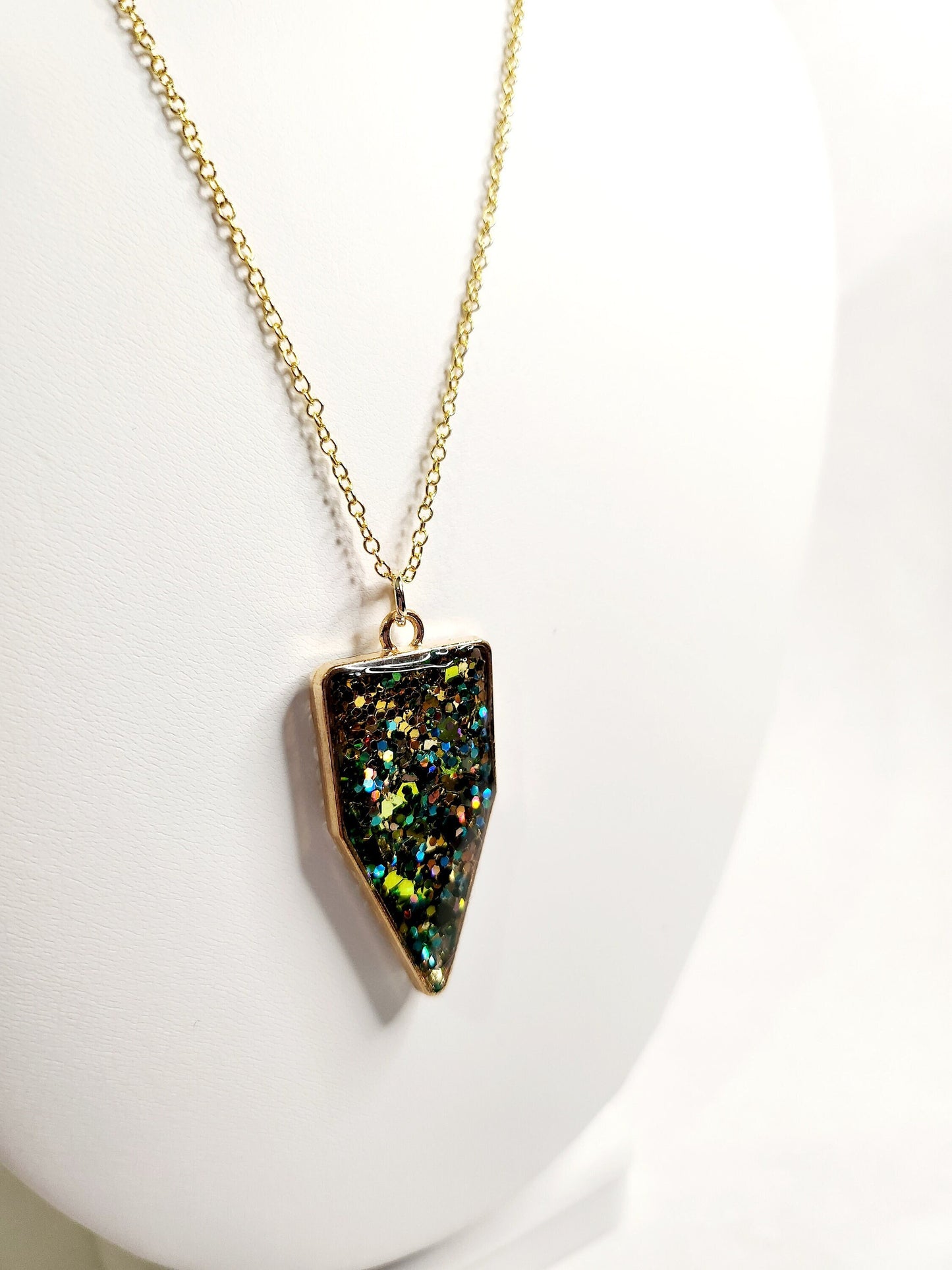 Green and gold glitter resin pendant in gold triangle bezel, 18kt gold plated necklace