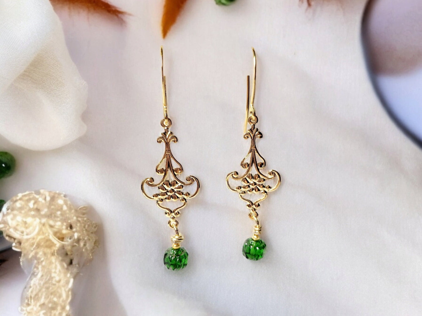 Emerald Czech Glass  and Gold Chanelier Earrings