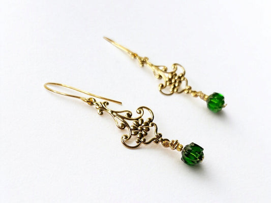 Emerald Czech Glass  and Gold Chanelier Earrings