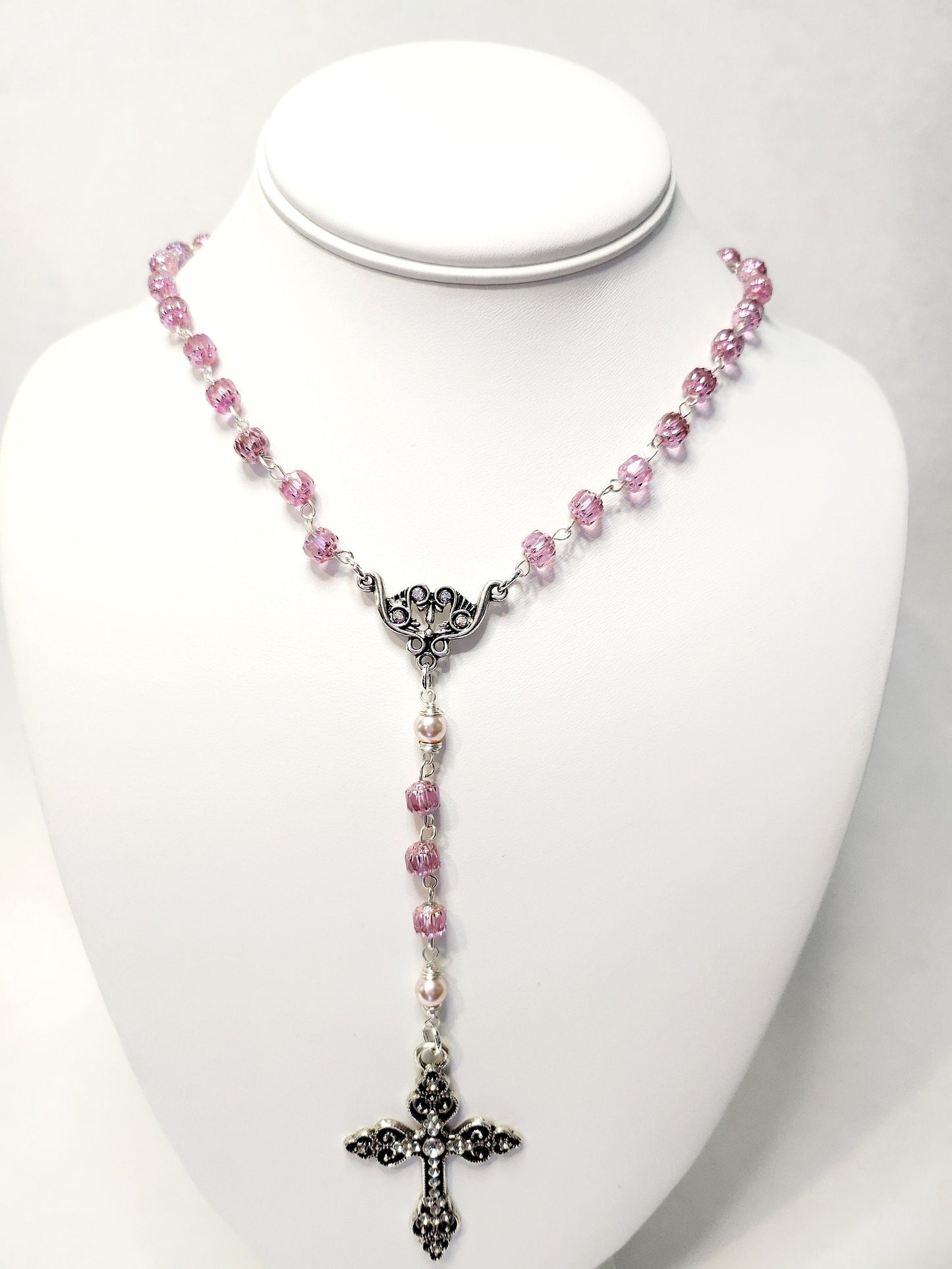 Handmade Cathedral Czech glass beads in pink color and glass pink pearls, silver rosary