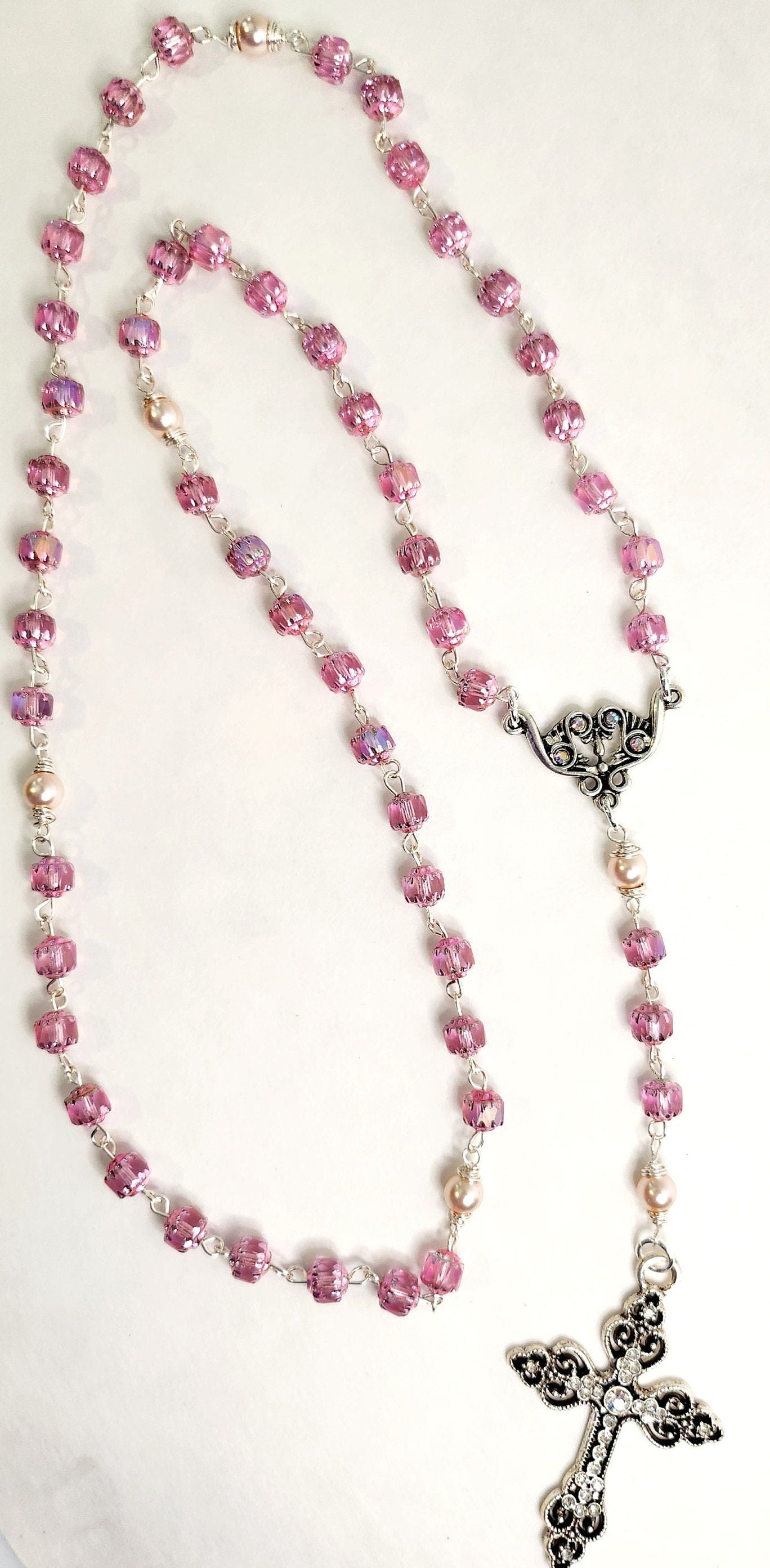Handmade Cathedral Czech glass beads in pink color and glass pink pearls, silver rosary