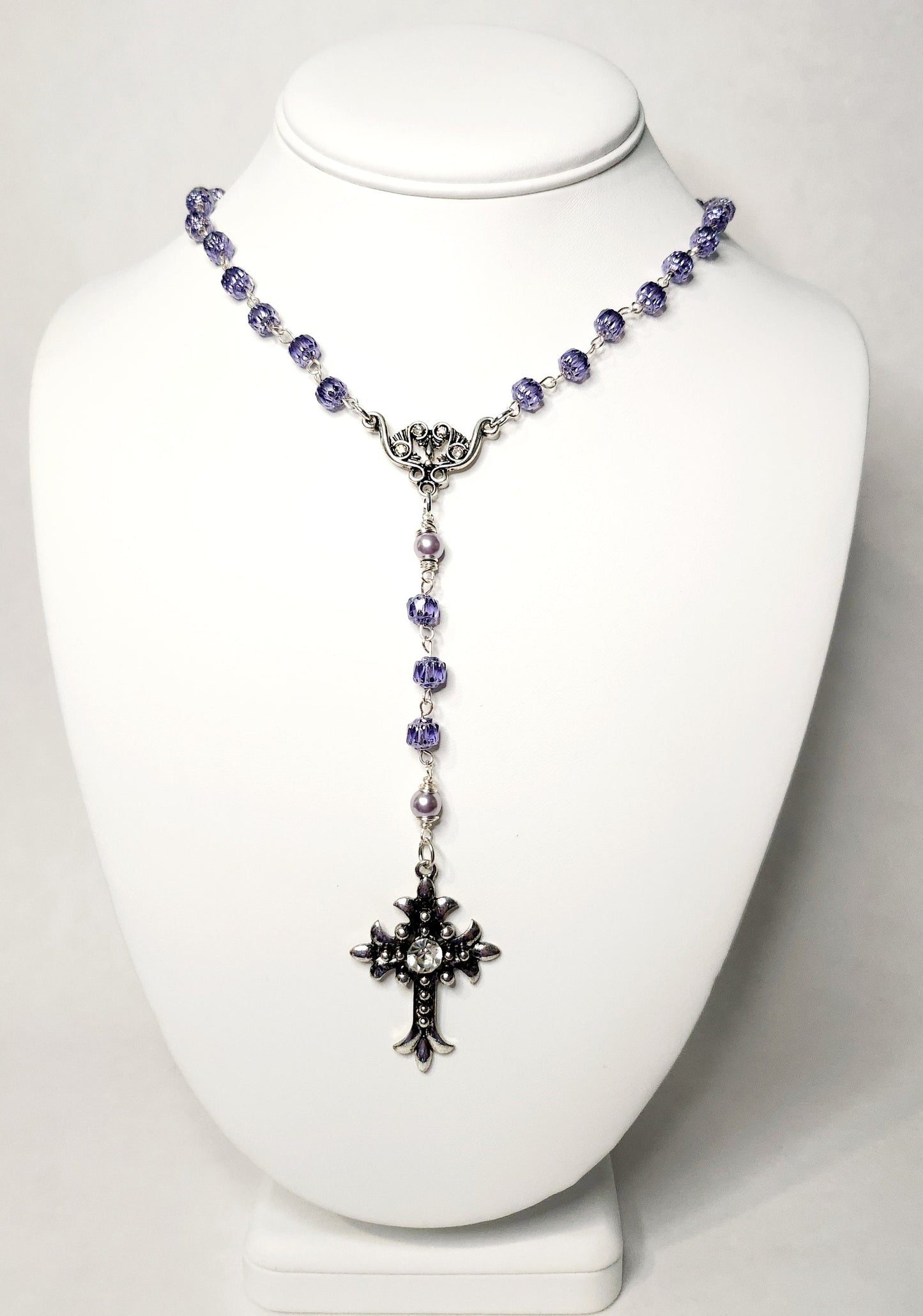 Handmade Cathedral Czech glass beads in purp;e color and glass purple pearls, silver rosary