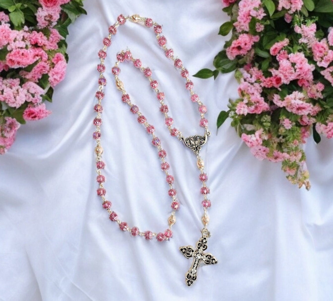 Handmade Cathedral Czech glass beads in pink color and glass pink pearls, silver rosary