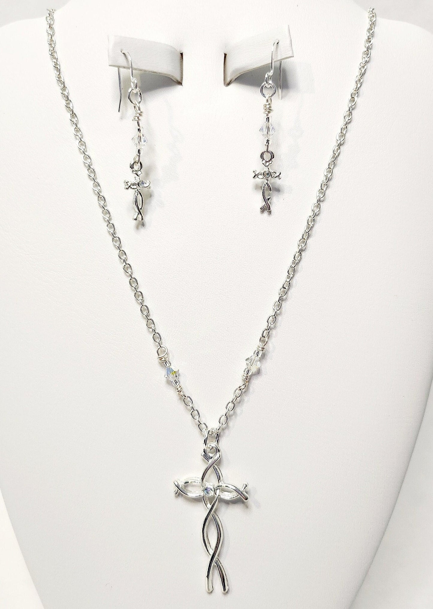 Silver finished Cross with Rhinestone and matching earrings