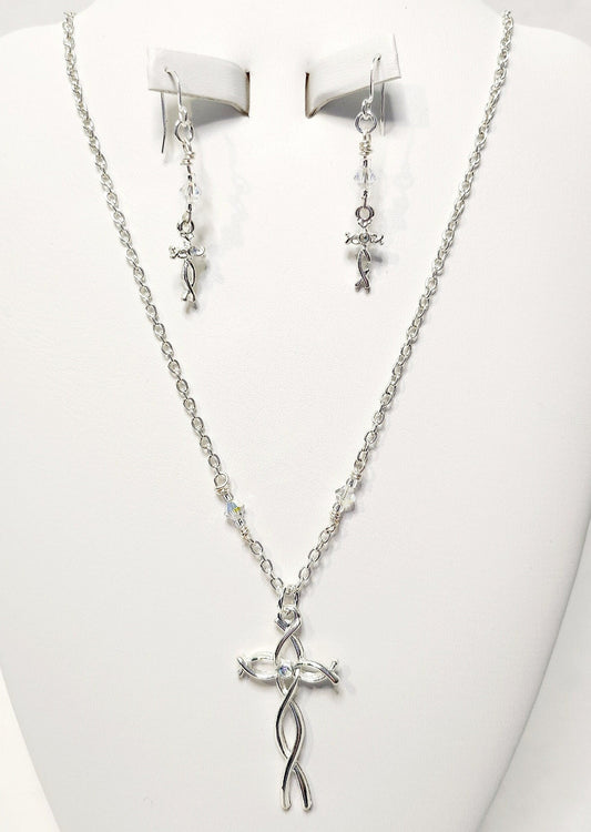 Silver finished Cross with Rhinestone and matching earrings