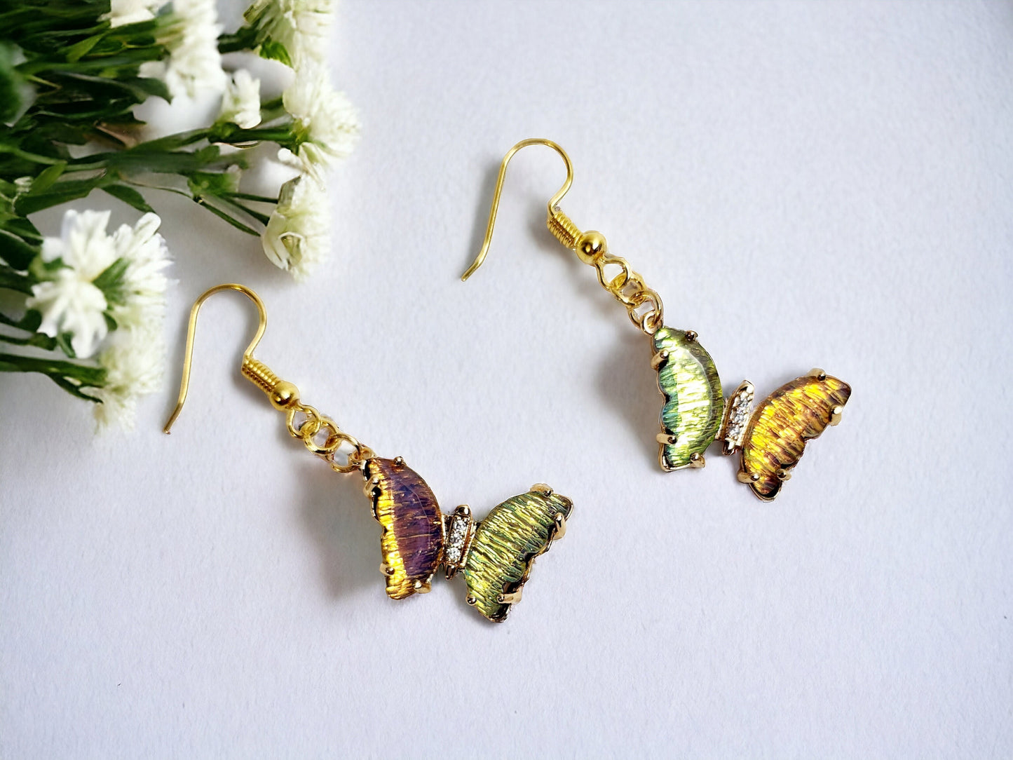 Iridescent Butterfly earrings in greens,pinks and gold