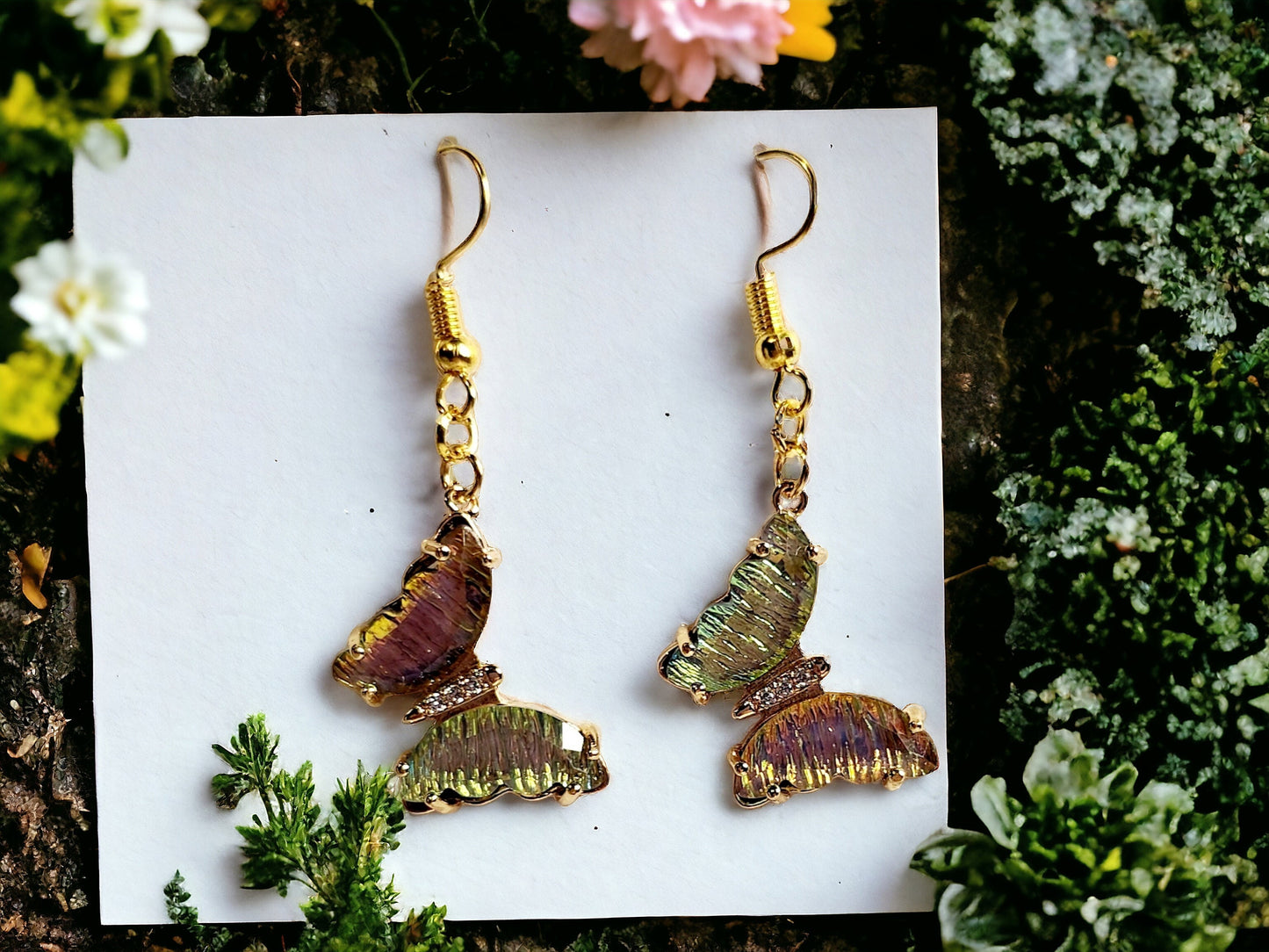 Iridescent Butterfly earrings in greens,pinks and gold