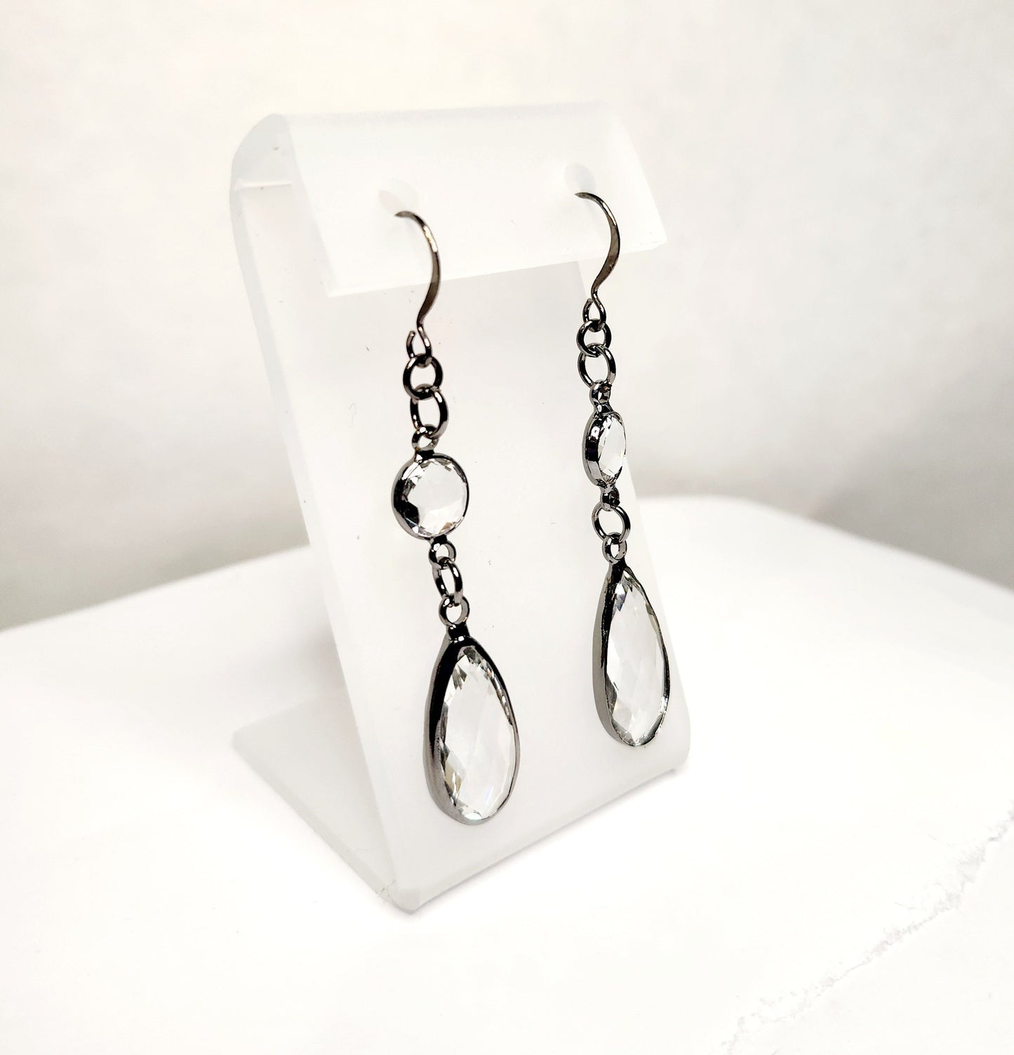 Crystal "pewter" teardrop earrings in gunmetal
