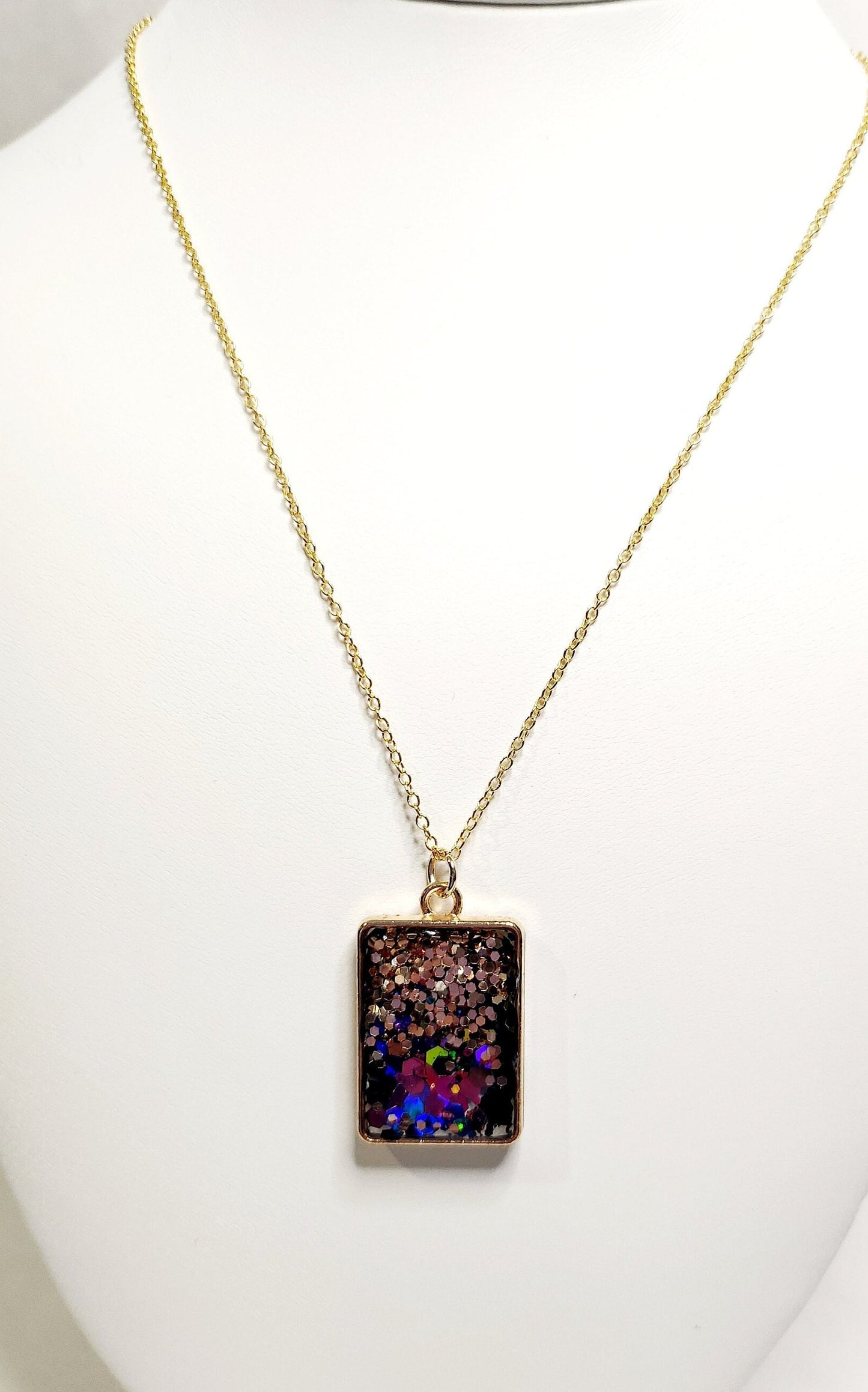 Purple glitter resin pendant in gold square bezel, 18kt gold plated necklace