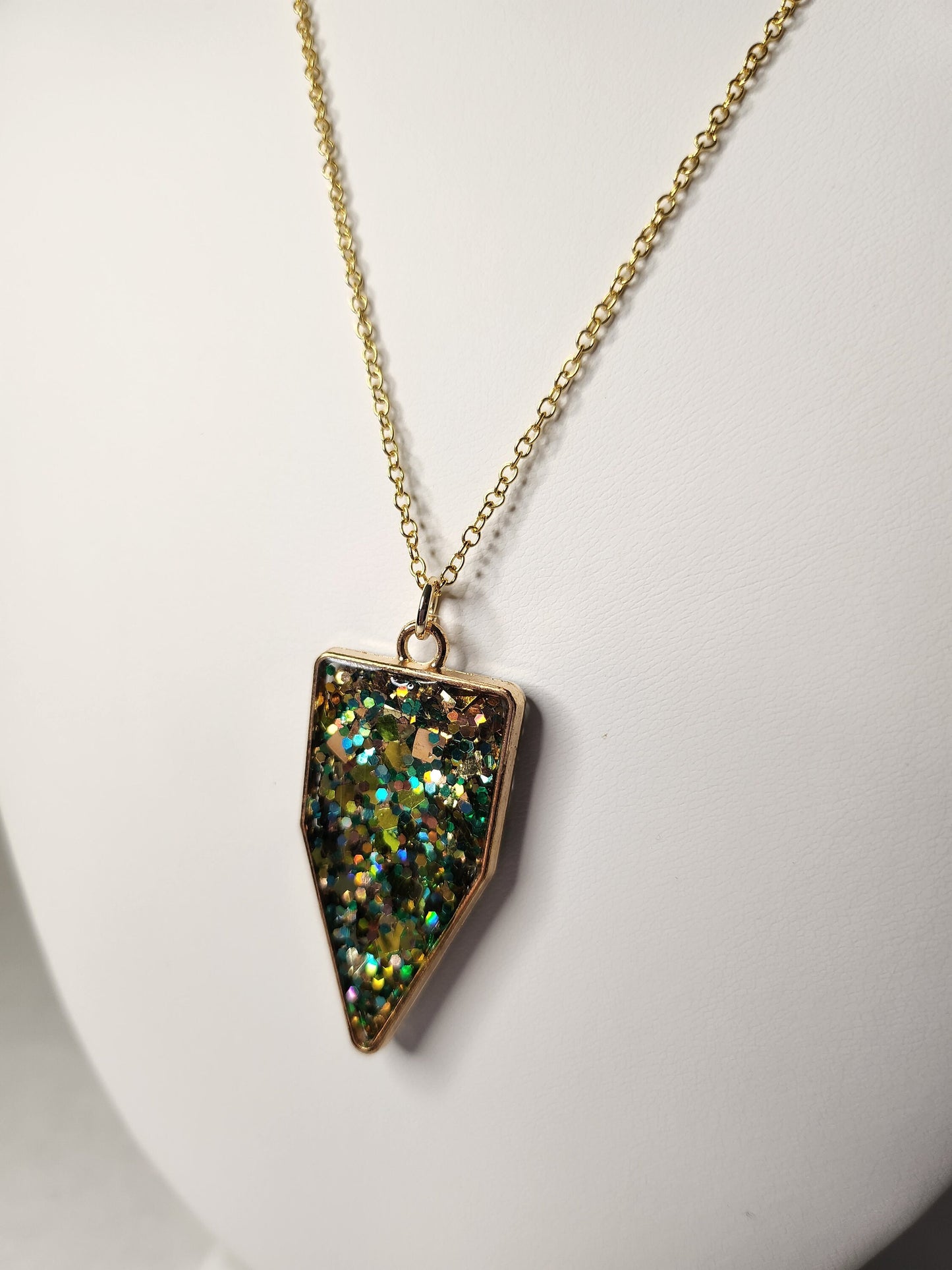 Green and gold glitter resin pendant in gold triangle bezel, 18kt gold plated necklace