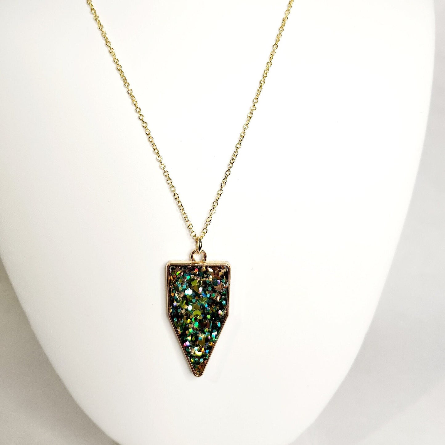 Green and gold glitter resin pendant in gold triangle bezel, 18kt gold plated necklace
