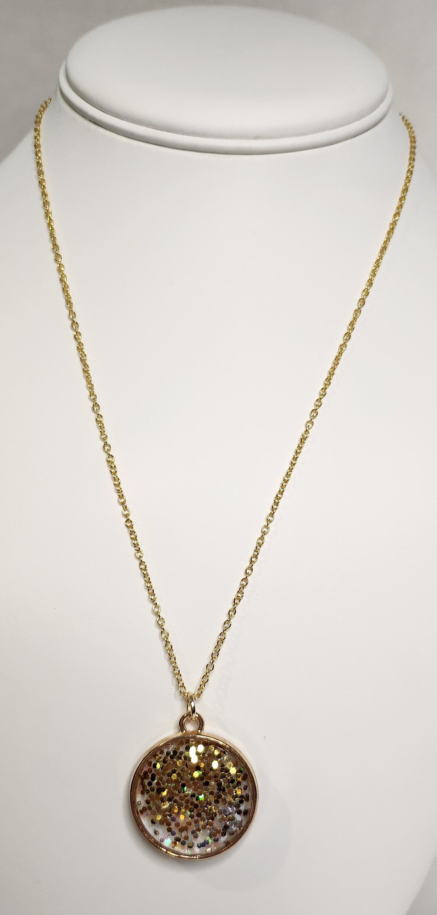 Gold glitter resin pendant in gold circle bezel, 18kt gold plated necklace