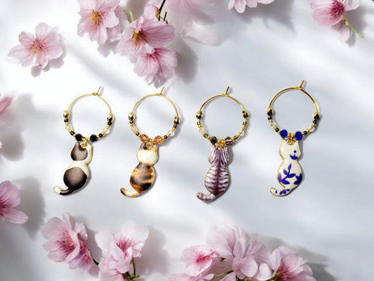 Cat wine charms with crystal embellishments-Set of 4 gold plated wine charms with a calico, tabby, blk/white and blue/wht porcelain designs