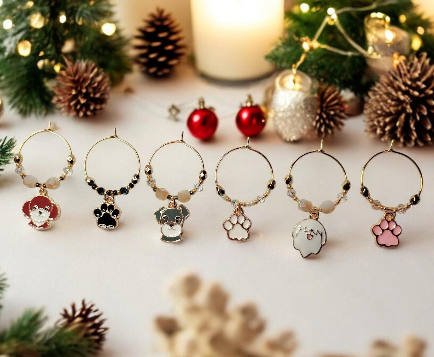 Dog wine charms with crystal embellishments-Set of 6 gold plated wine charms with three dogs and three paw prints.