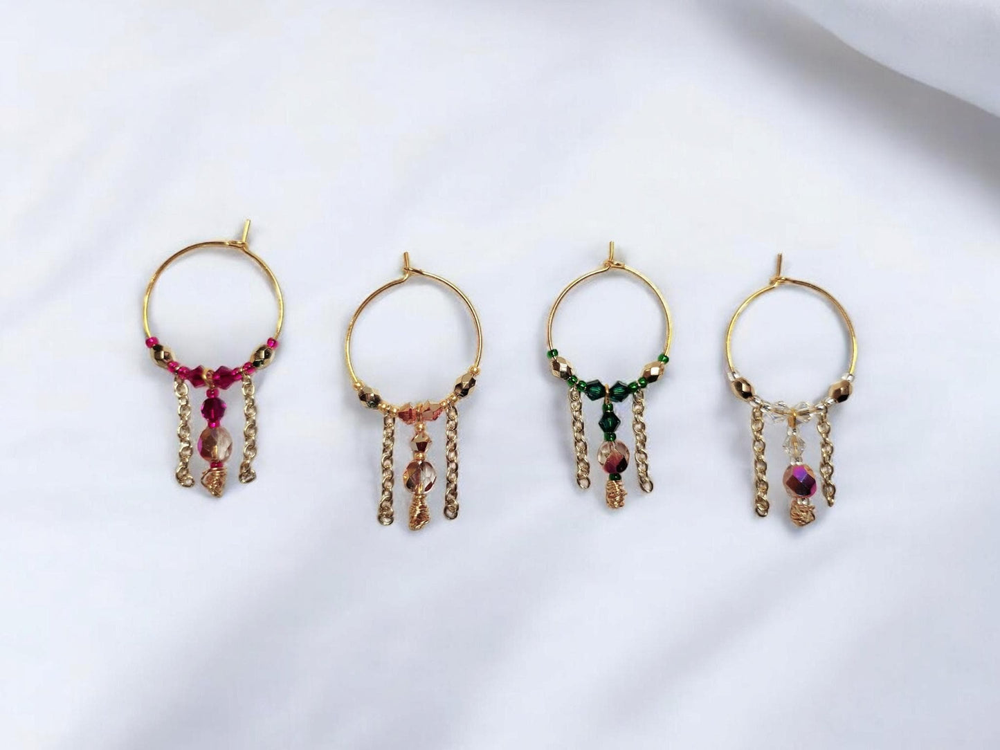 Unique chain and czech glass beaded wine charms, red, gold, green and crystal