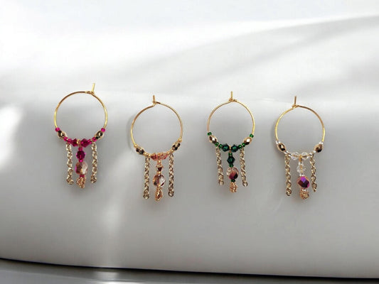 Unique chain and czech glass beaded wine charms, red, gold, green and crystal