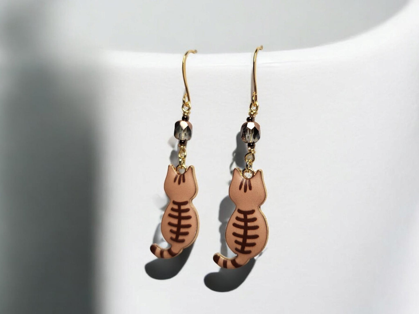 Orange and brown cat charm dangle earrings with fire polished czech beading