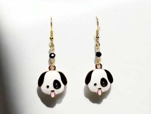 Black and White dog charm dangle earrings and black faceted glass beading.