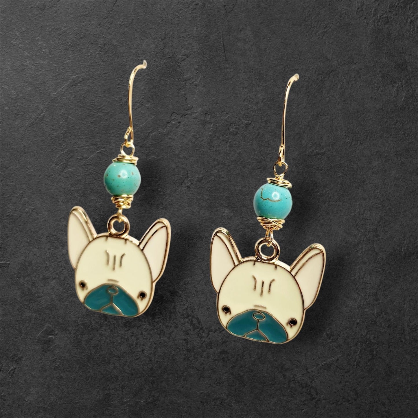 Pug dog charm dangle earrings and wire wrapped magnesite beading.